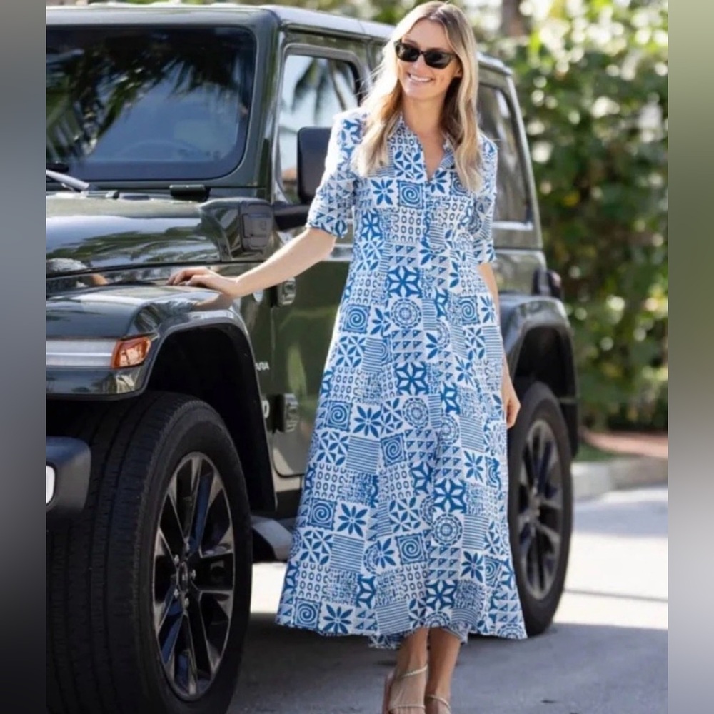 Julia Amory JA Shirtdress Blue White Patchwork Floral Print - Small